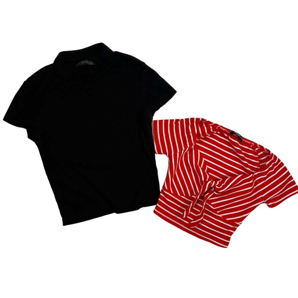 🖤Shein Set of 2 Crop Tops Ribbed Black Red Short Sleeve Striped Nautical Shirts